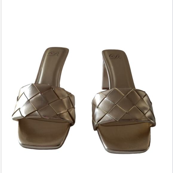Metallic Slide Sandals Block Heel Square Toe Braided Size 10 Champagne Gold Y2K - Picture 3 of 8